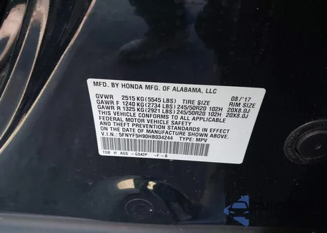 2017 Honda Pilot Touring z USA, uszkodzony, nr VIN 5FNYF5H90HB034244